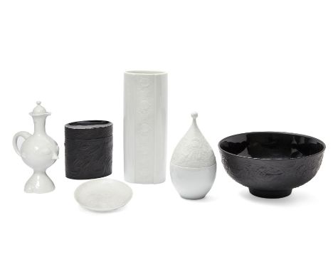 Bjorn Wiinblad (1918-2006), a face jug c.1960, signed to base A small white glazed lidded flask for Rosenthal in the form of 