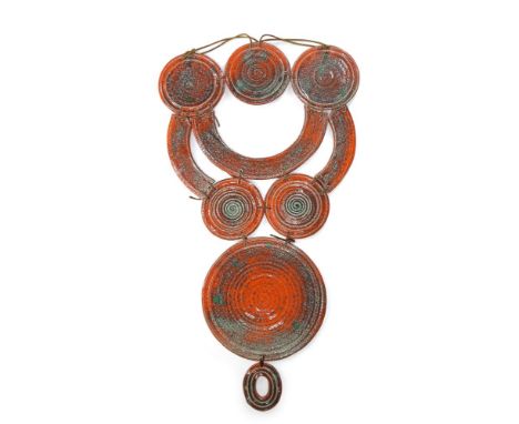 Ceramic wall hanging, probably Southern European c.1970, each section with painted lizard motif to reverse A large ceramic wa