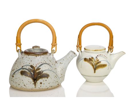 David Leach (1911-2005), a porcelain teapot c.1980, impressed seal marks to side A small cane handled porcelain teapot made a