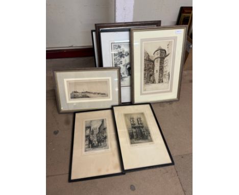 A Leonard Brewer etching, Wales, three other etchings including Cleethorpes by Walter G. Pym and three pen and ink drawings o