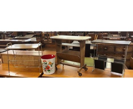 Three vintage magazine racks and a paper bin 