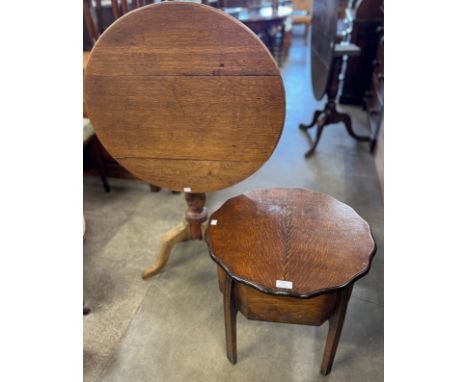 A George III mahogany circular tilt top tripod tea table and an oak sewing box 