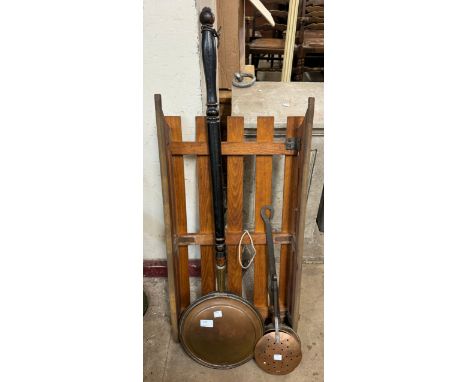 Two brass warming pans and a child's sledge 