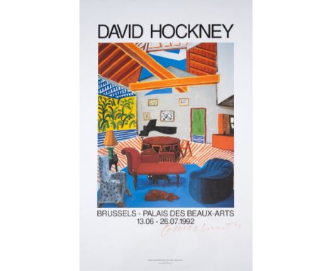 David Hockney (b.1937) after.Montcalm Interior with Two DogsOffset lithograph printed in colours, 1992, signed in red felt ti