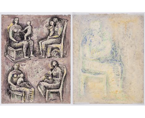 δ Henry Moore (1898-1986)Four Studies for Seated Mother and Child; Mother and Child versoPen and ink, watercolour wash, wax c