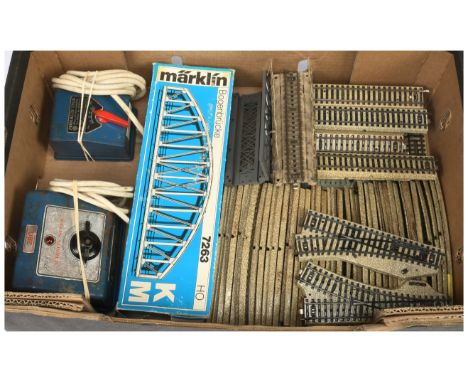 Marklin 3-rail track OO/HO Sectional track and pointwork - to include some bridge parts and two controller units (untested). 