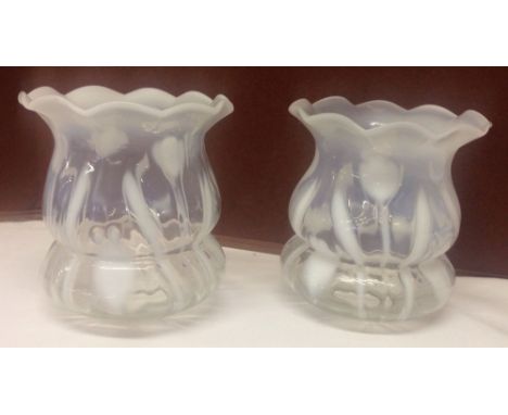 A pair of original Art Nouveau white vaseline glass lamp shades with tulip decoration - each 11cm tall & 10cm diameter.