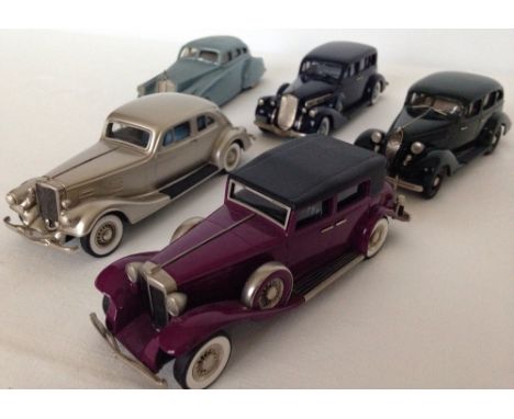 5 unboxed diecast models: 1) Brooklin Models 1931 Marmon Convertible Sedan "Mauve". 2) Brooklin Models BRK102 1936 Hudson Ter
