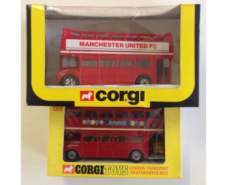 2 boxed Corgi buses - open top Manchester United routemaster & Outspan London Transport routemaster #468