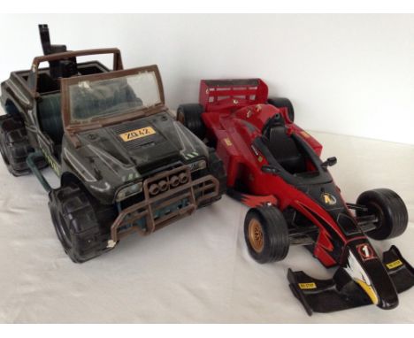 2 vintage Action Man cars - F1 racing car & jeep.