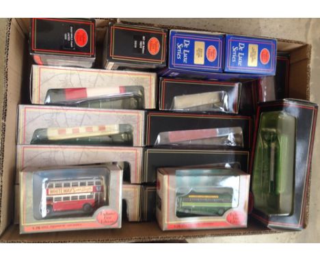 A box of 17 boxed Exclusive First Editions EFE 1:76 scale buses and coaches.