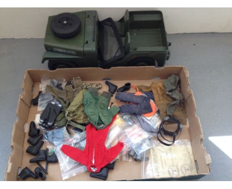 A box of 1960's Action Man clothes, accessories and a Jeep