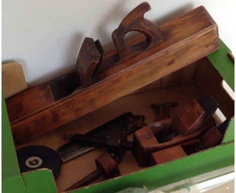 A box of vintage woodworking planes & tools with a pair of vintage sash clamps, plane makers include W F Ward & Aaron Hildick