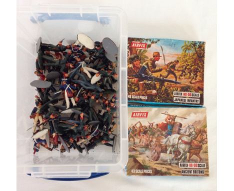 A box of 1:32 scale painted plastic Napoleonic soldiers with 2 boxes of Airfix HO:OO scale soldiers