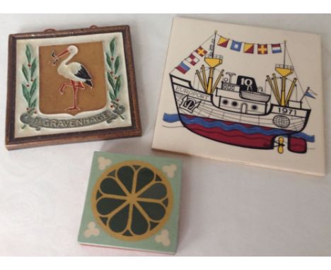 Vintage Dutch Delft tile decorated with a heron with 'Gravenhage' underneath, back has Delft mark and P.A.W Philippona Graven