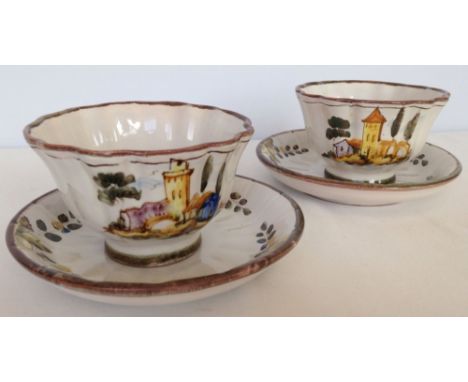 A pair of antique Italian Cantagalli cups & saucers. In good condition with the 'magic cockerel' mark of the Florence Majolic