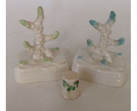 2 Belleek ring trees and a shamrock thimble.
