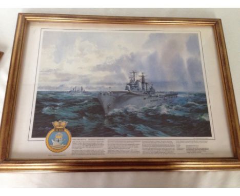 A framed & glazed naval print of HMS Ark Royal 48 x 65cm from a painting by Peter Hogan.