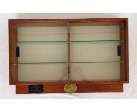 A 2 shelf model display cabinet landscape orientation with railway badges to bottom rail - 50 x 107cm