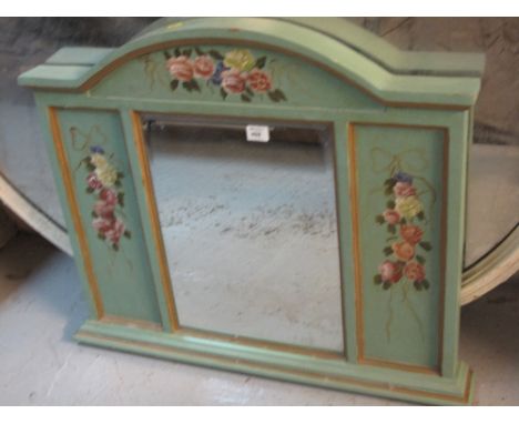Painted floral arch top bevel plate over mantle mirror.