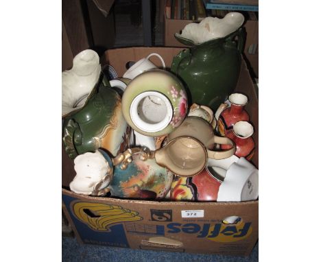 Box of assorted china to include floral baluster vase, pair of late 19th/early 20th Century Staffordshire two-handled vases, 