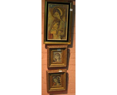 Three similar framed portrait prints depicting young women, one holding a child.  (3)