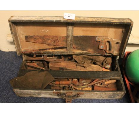 Vintage carpenters trunk with assorted vintage tools, saws, clamps, planes etc.