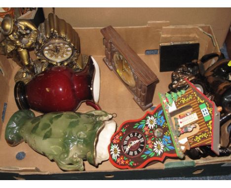 Tray of assorted items to include various modern novelty clocks, Westclox carved mantle clock, Staffordshire floral two handl