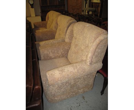 Modern floral and foliate upholstered three piece suite comprising two seater sofa and pair of matching arm chairs (made by S