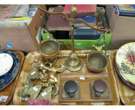 Tray of assorted brassware to include stallions, fly trinket box, balancing scales, large key etc., together with glass two s