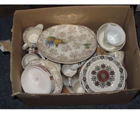 Box of assorted china to include Royal Harvey Staffordshire tea ware items comprising plates, milk jug etc., cups saucers etc