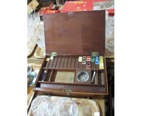 Mahogany inlaid rectangular artists box with glass bowl, various paints and a pull out drawer containing ceramic pallet mixer