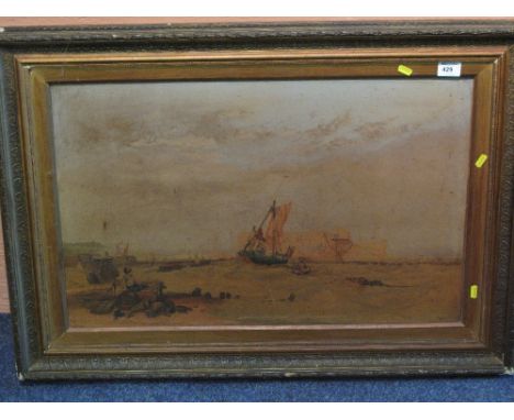 Large framed oleograph depicting beach scene with shipping.  