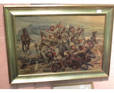 A large military print depicting a Boer war battle scene.   Framed.