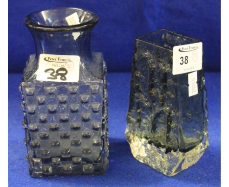 Square art glass stud vase together with similar bark effect vase in the style of white friars.  (2)