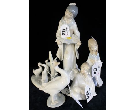 Two Lladro figurines of duck and young girl together with three Nao figurines of females and animals.  (5)