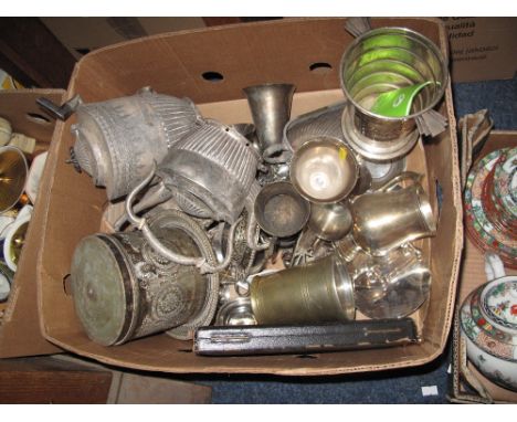 Box of assorted metal ware to include art deco design two handled ice bucket, various plated goblets and tankards, Sheffield 