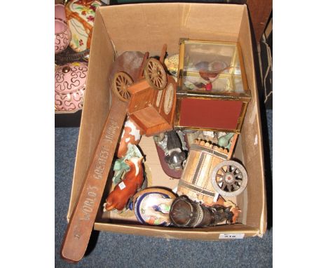 Tray of assorted items to include large wooden spoon, various ceramic animals including cows, birds and horses, cottage sculp