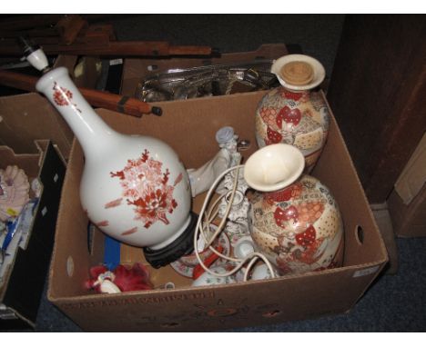 Tray of assorted china to include modern oriental floral baluster lamp, table lamp, pair of Satsuma baluster vases, Japanese 