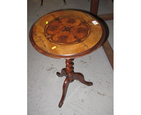 20th Century stained and inlaid foliate circular tripod table on a barley twist support.