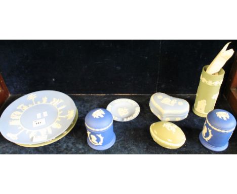 9 pieces of assorted Wedgwood Jasper ware items, heart shape trinket box and cover, plates, dressing table items etc.  (8)