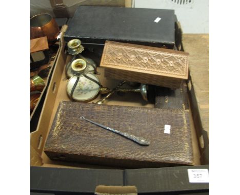 Tray of assorted items to include brass candlesticks, cased spoon and fork set, butter knives, carved wooden box, silver hall