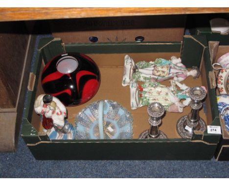 Tray of assorted items to include blue frilled glass single handled basket, pair of plated baluster candlesticks, continental