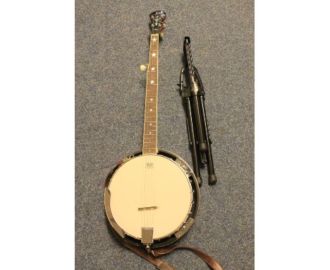 Remo Weather King 5 string long neck banjo with tripod and carry case.