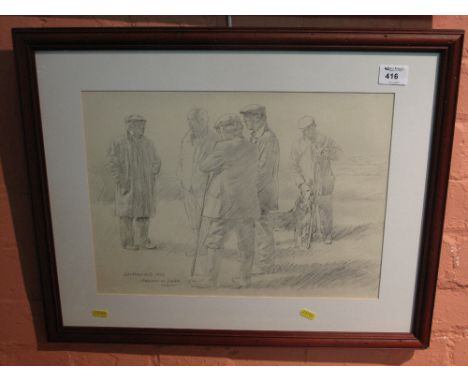 After Aneurin M Jones, "Llanddeusant 1985" A study of a group of farmers, monochrome print.  Framed and glazed.