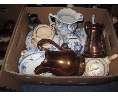 Box of assorted china to include copper luster dresser jugs, old Chelsea blue and white graduated dresser jugs, Burleigh ware