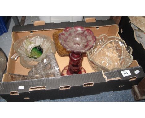 Tray of assorted glass ware to include various bowls, geometric design conical vase, Murano style green glass fish, ruby flas