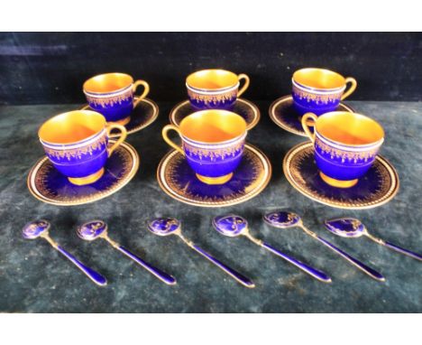 Royal Worcester porcelain set of six coffee cups and saucers decorated in cobalt blue with gilt decoration together with set 