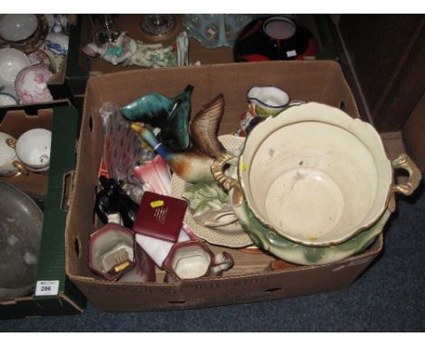 Box of assorted china and other items to include large baluster planter decorated with peacocks amongst foliage, Mayfayre Sta