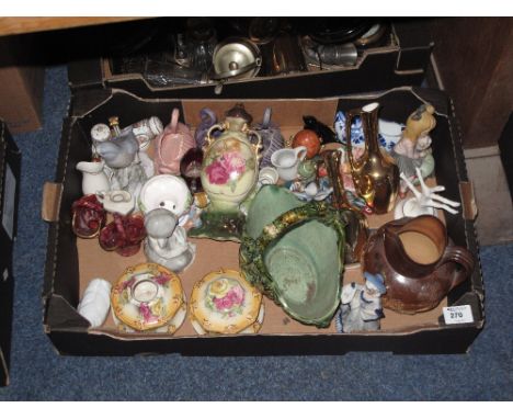 Tray of assorted china to include two tone stoneware hunting scene jug, various continental figures, Majolica style foliate s